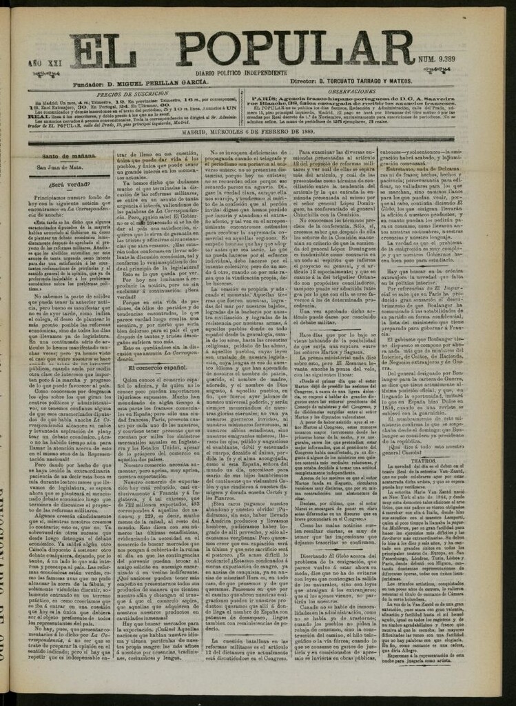 Miniatura de El Popular: diario independiente, político, literario y de noticias de interés general del 6 de febrero de 1889, nº 9389