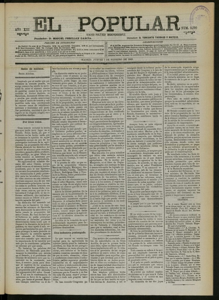 Miniatura de El Popular: diario independiente, político, literario y de noticias de interés general del 7 de febrero de 1889, nº 9390