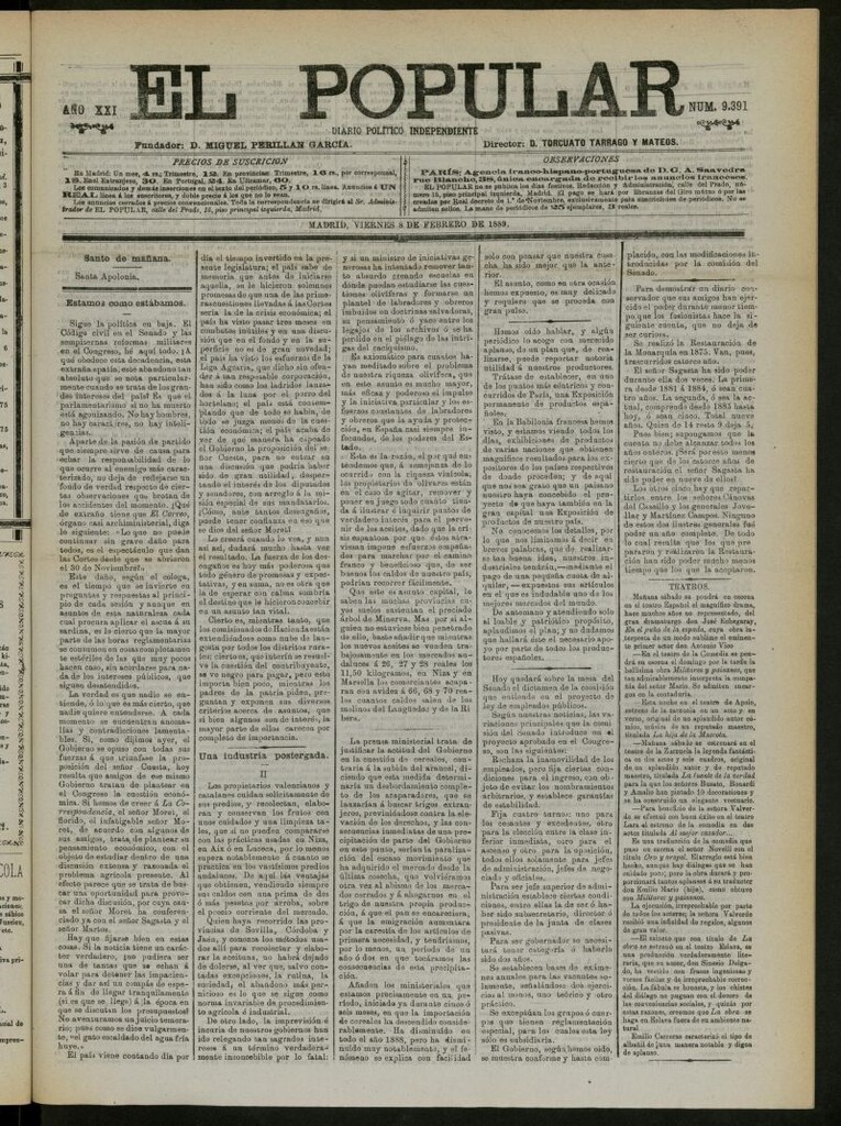 Miniatura de El Popular: diario independiente, político, literario y de noticias de interés general del 8 de febrero de 1889, nº 9391