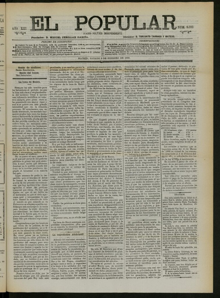 Miniatura de El Popular: diario independiente, político, literario y de noticias de interés general del 9 de febrero de 1889, nº 9392