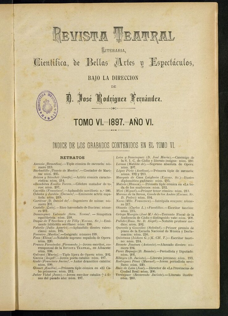 Miniatura de Revista Teatral, Literaria, Científica, de Bellas Artes y Espectáculos. 1897 Índices