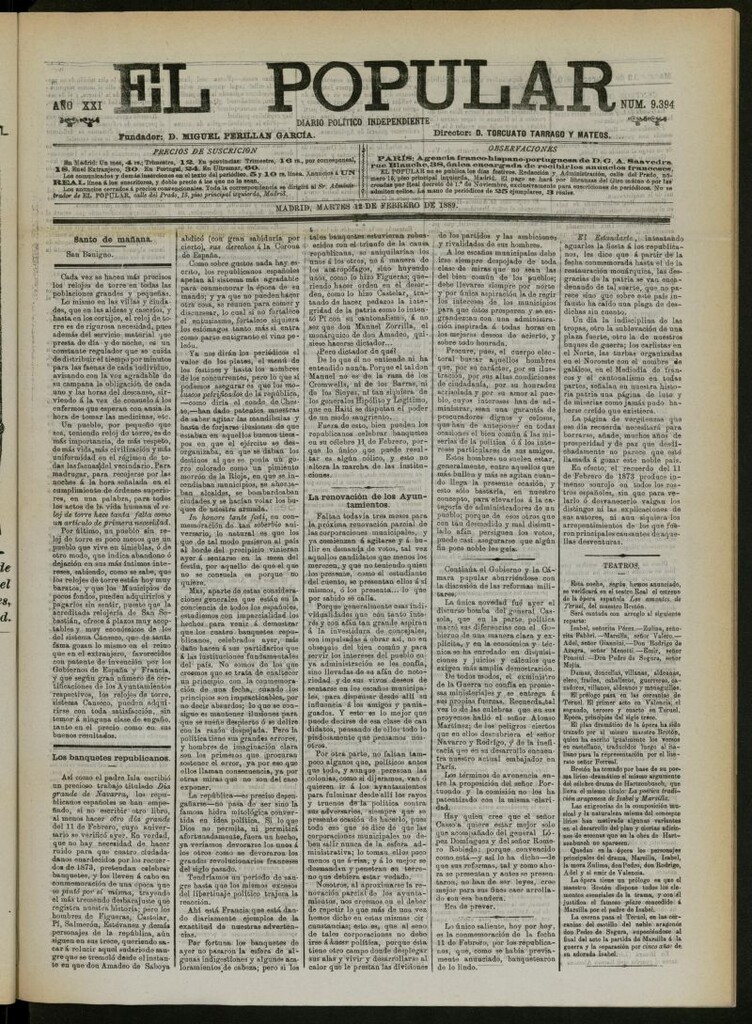 Miniatura de El Popular: diario independiente, político, literario y de noticias de interés general del 12 de febrero de 1889, nº 9394