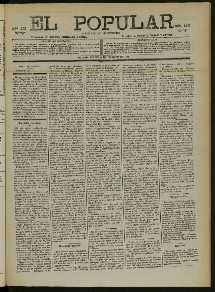 Miniatura de El Popular: diario independiente, político, literario y de noticias de interés general del 14 de febrero de 1889, nº 9395
