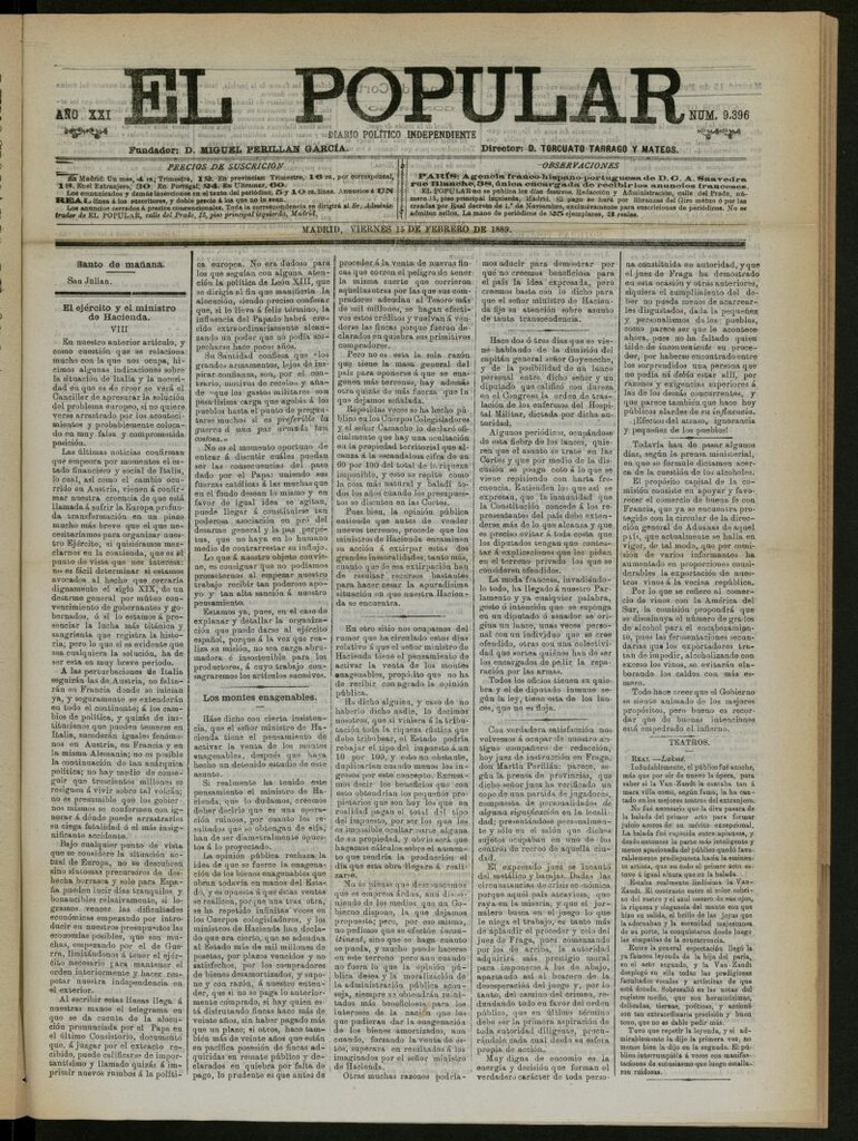 Miniatura de El Popular: diario independiente, político, literario y de noticias de interés general del 15 de febrero de 1889, nº 9396