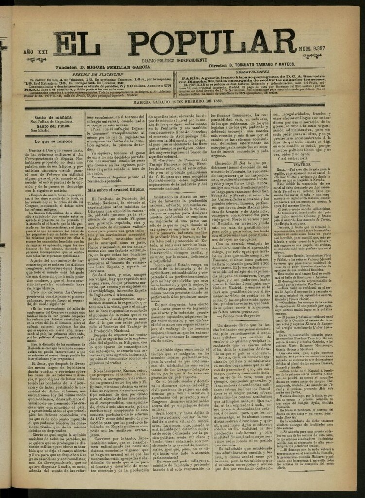 Miniatura de El Popular: diario independiente, político, literario y de noticias de interés general del 16 de febrero de 1889, nº 9397