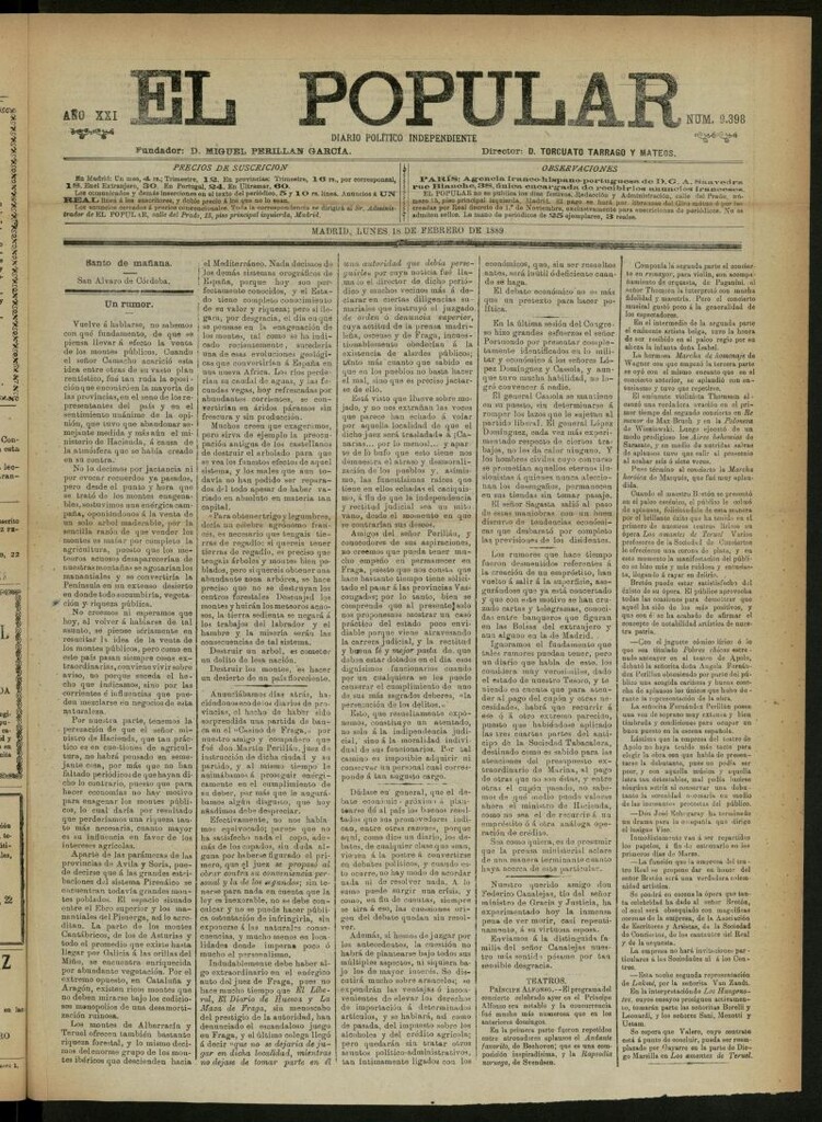 Miniatura de El Popular: diario independiente, político, literario y de noticias de interés general del 18 de febrero de 1889, nº 9398