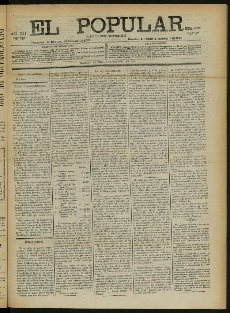 Miniatura de El Popular: diario independiente, político, literario y de noticias de interés general del 19 de febrero de 1889, nº 9399