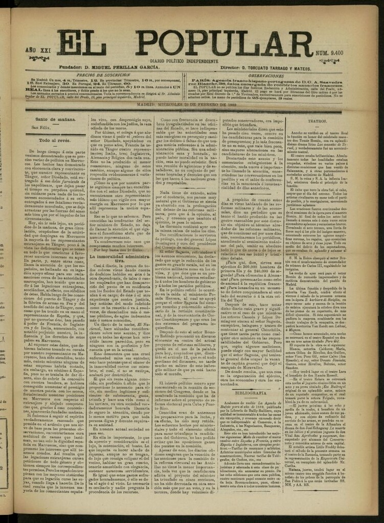 Miniatura de El Popular: diario independiente, político, literario y de noticias de interés general del 20 de febrero de 1889, nº 9400