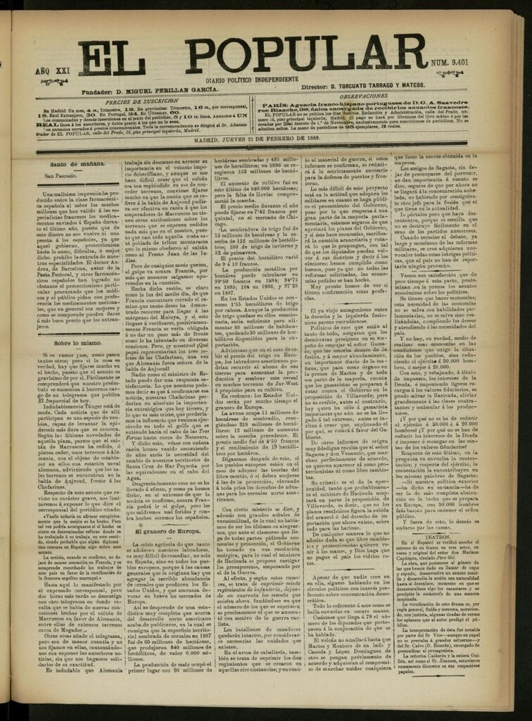 Miniatura de El Popular: diario independiente, político, literario y de noticias de interés general del 21 de febrero de 1889, nº 9401