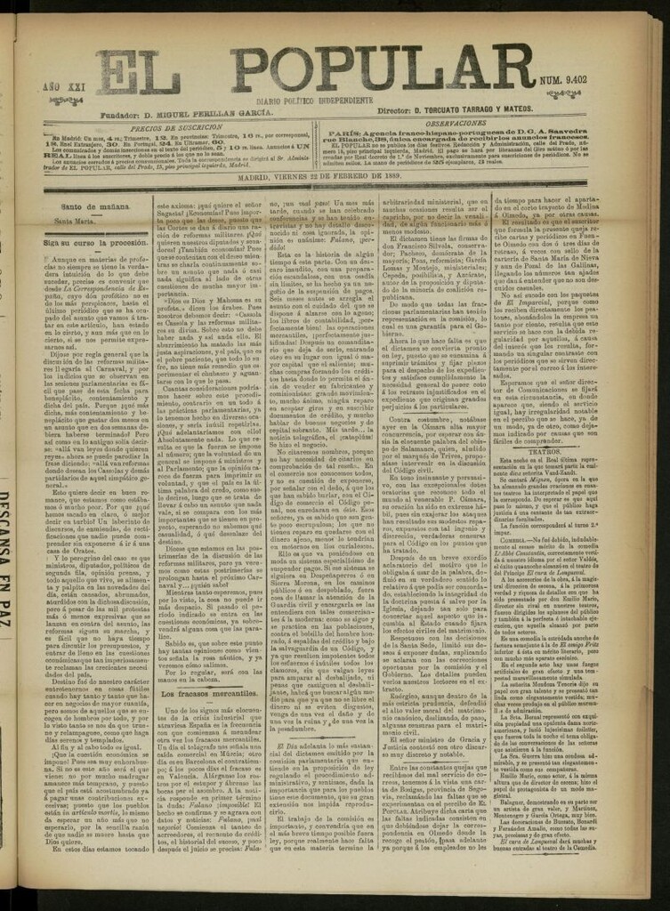 Miniatura de El Popular: diario independiente, político, literario y de noticias de interés general del 22 de febrero de 1889, nº 9402