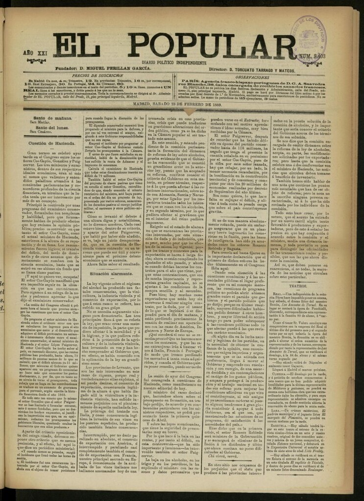Miniatura de El Popular: diario independiente, político, literario y de noticias de interés general del 23 de febrero de 1889, nº 9403