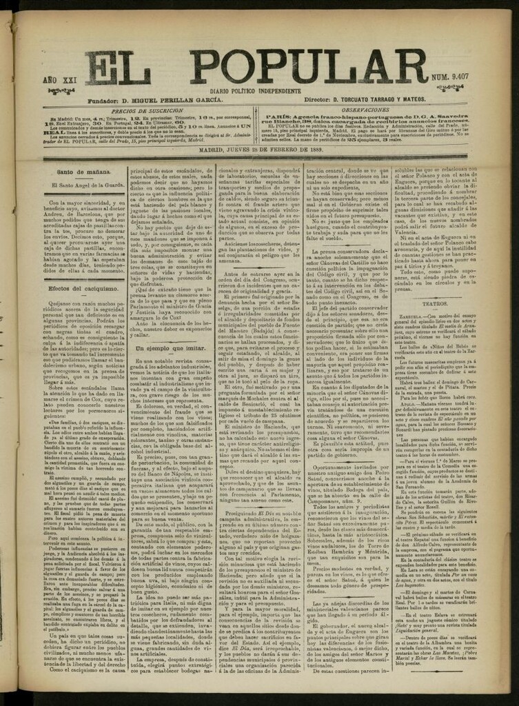 Miniatura de El Popular: diario independiente, político, literario y de noticias de interés general del 28 de febrero de 1889, nº 9407