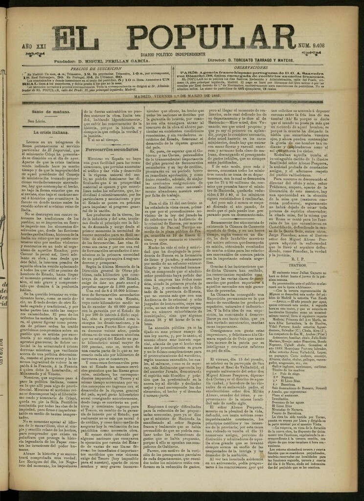 Miniatura de El Popular: diario independiente, político, literario y de noticias de interés general del 1 de marzo de 1889, nº 9408