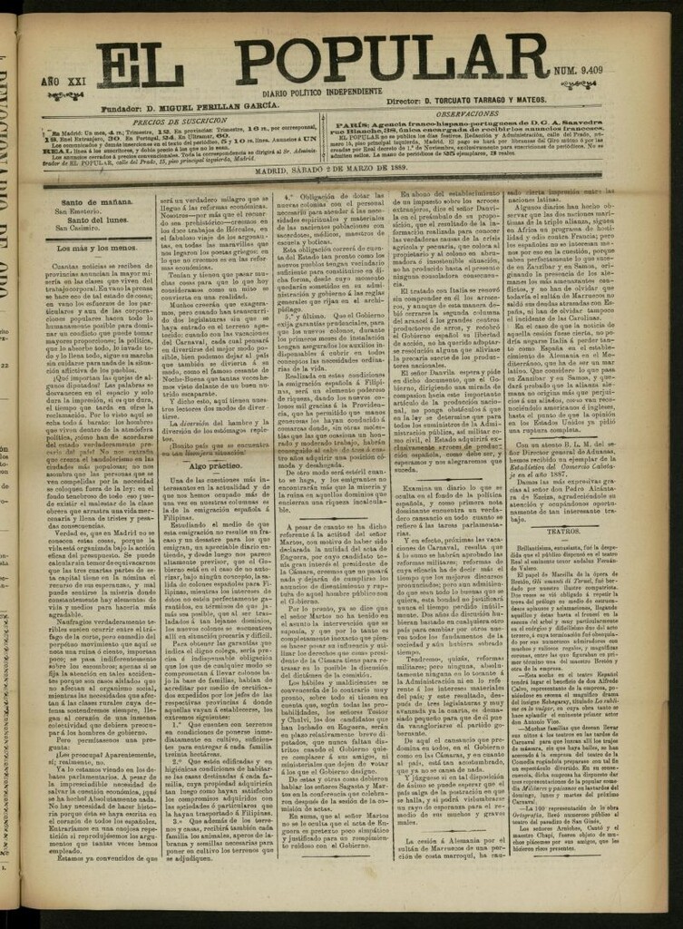 Miniatura de El Popular: diario independiente, político, literario y de noticias de interés general del 2 de marzo de 1889, nº 9409