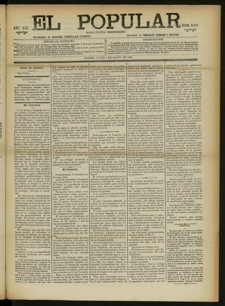 Miniatura de El Popular: diario independiente, político, literario y de noticias de interés general del 4 de marzo de 1889, nº 9410