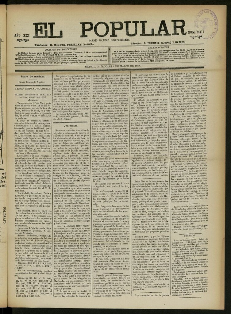 Miniatura de El Popular: diario independiente, político, literario y de noticias de interés general del 6 de marzo de 1889, nº 9411