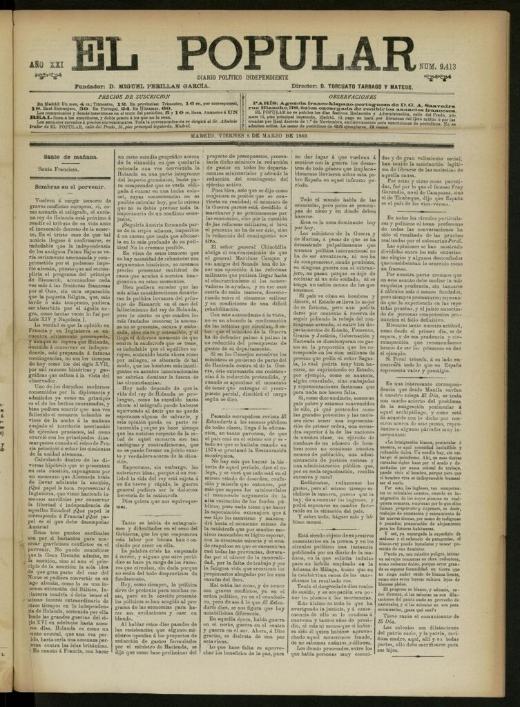 Miniatura de El Popular: diario independiente, político, literario y de noticias de interés general del 8 de marzo de 1889, nº 9413