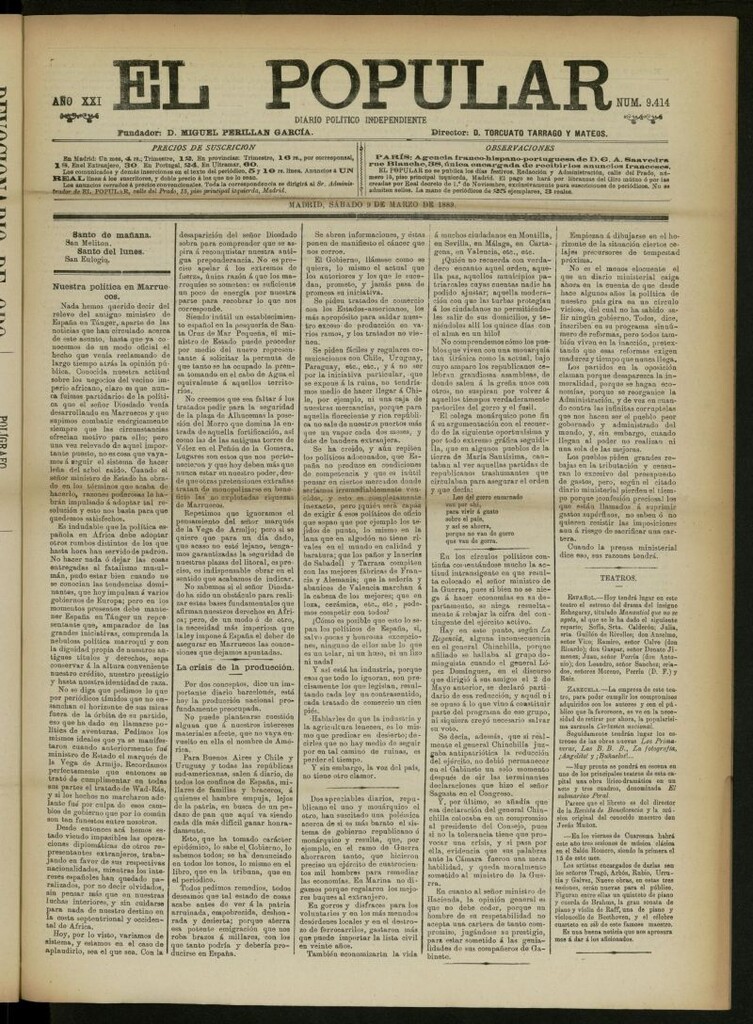 Miniatura de El Popular: diario independiente, político, literario y de noticias de interés general del 9 de marzo de 1889, nº 9414