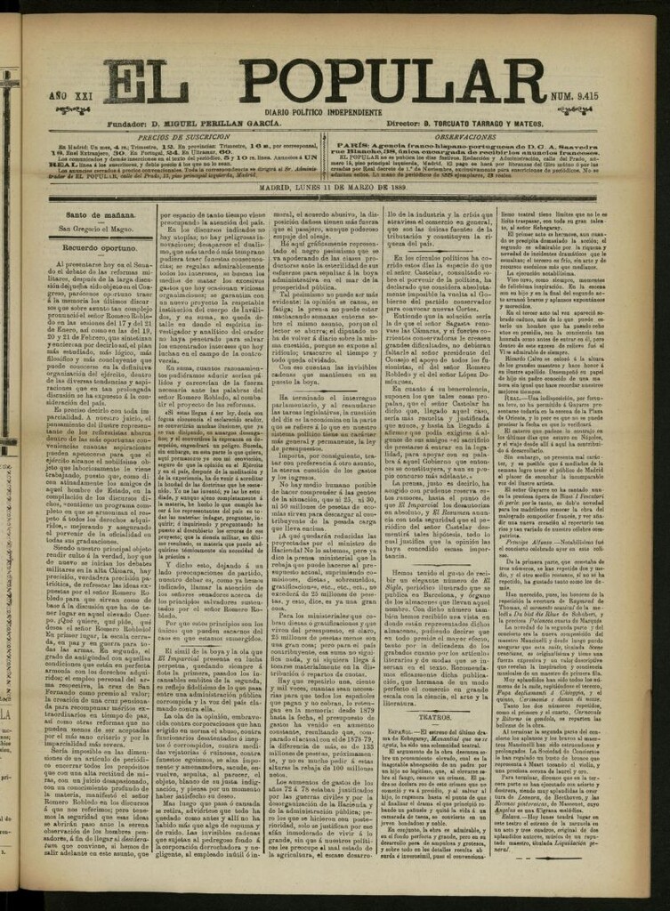 Miniatura de El Popular: diario independiente, político, literario y de noticias de interés general del 11 de marzo de 1889, nº 9415