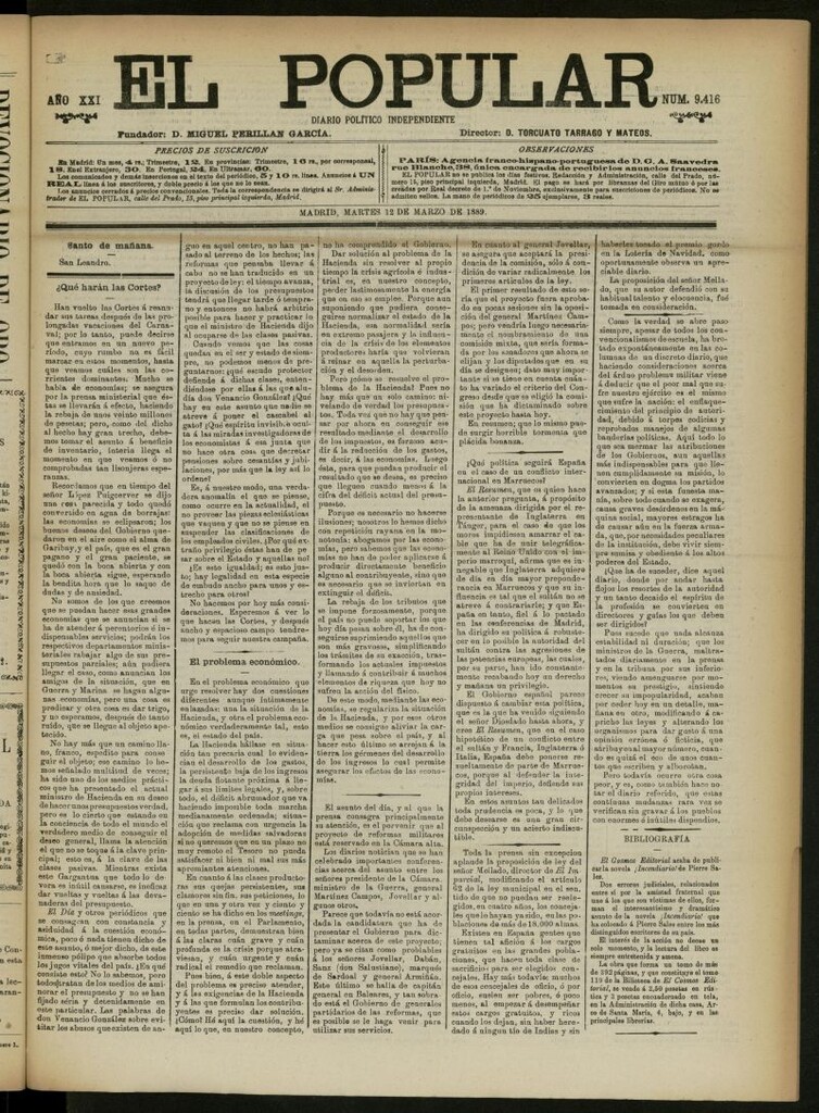 Miniatura de El Popular: diario independiente, político, literario y de noticias de interés general del 12 de marzo de 1889, nº 9416