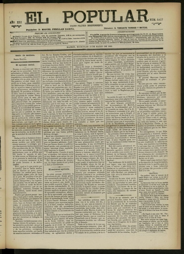 Miniatura de El Popular: diario independiente, político, literario y de noticias de interés general del 13 de marzo de 1889, nº 9417