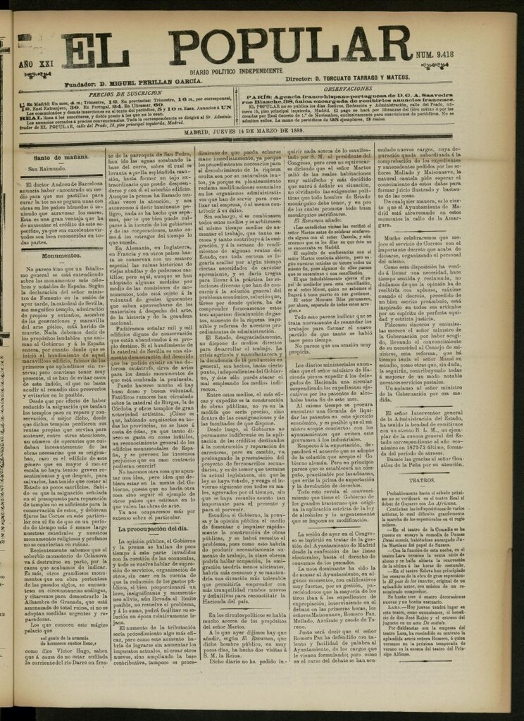 Miniatura de El Popular: diario independiente, político, literario y de noticias de interés general del 14 de marzo de 1889, nº 9418