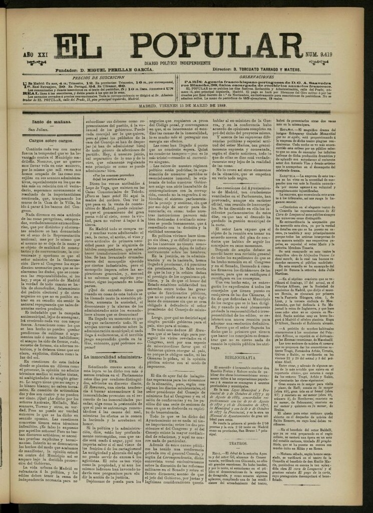 Miniatura de El Popular: diario independiente, político, literario y de noticias de interés general del 15 de marzo de 1889, nº 9419