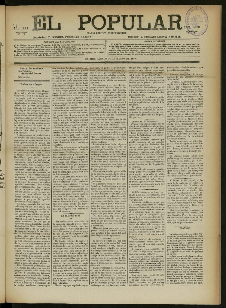 Miniatura de El Popular: diario independiente, político, literario y de noticias de interés general del 16 de marzo de 1889, nº 9420