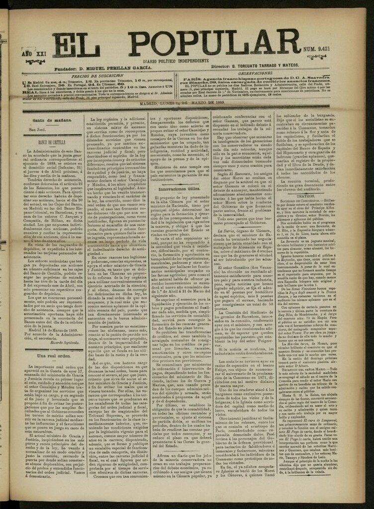 Miniatura de El Popular: diario independiente, político, literario y de noticias de interés general del 18 de marzo de 1889, nº 9421