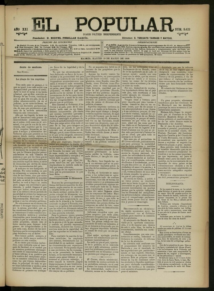 Miniatura de El Popular: diario independiente, político, literario y de noticias de interés general del 19 de marzo de 1889, nº 9422