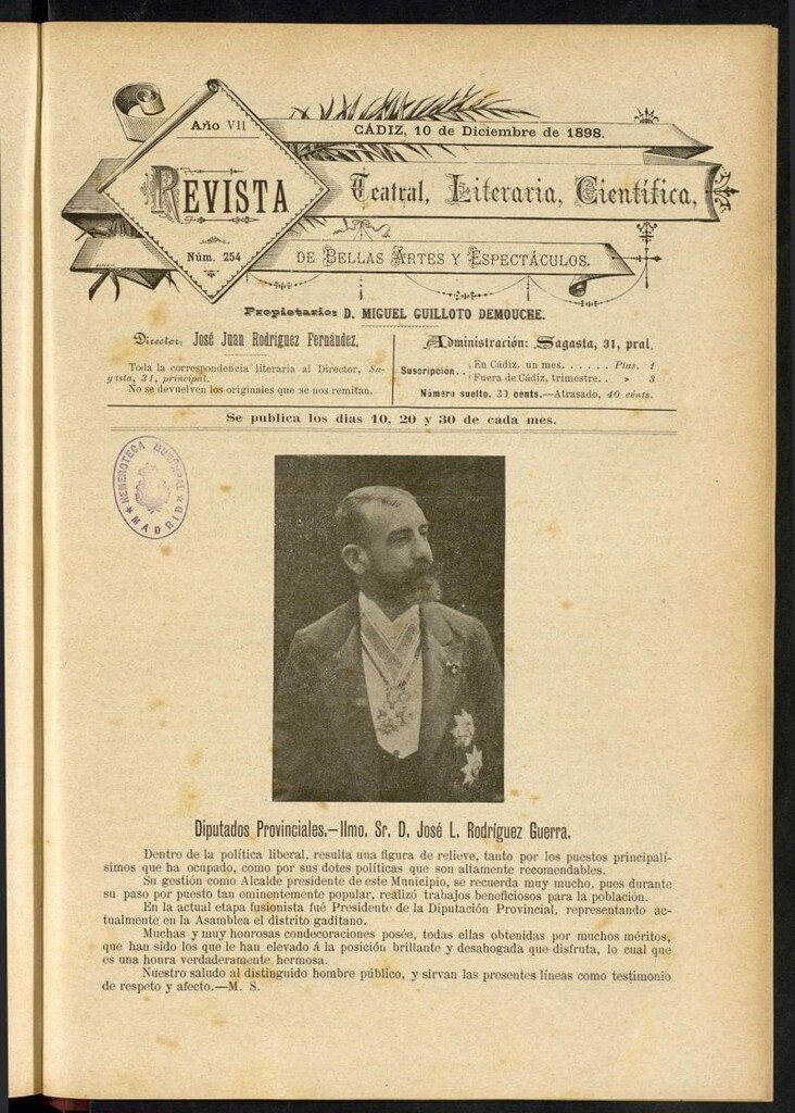 Miniatura de Revista Teatral, Literaria, Científica, de Bellas Artes y Espectáculos. Nº 254