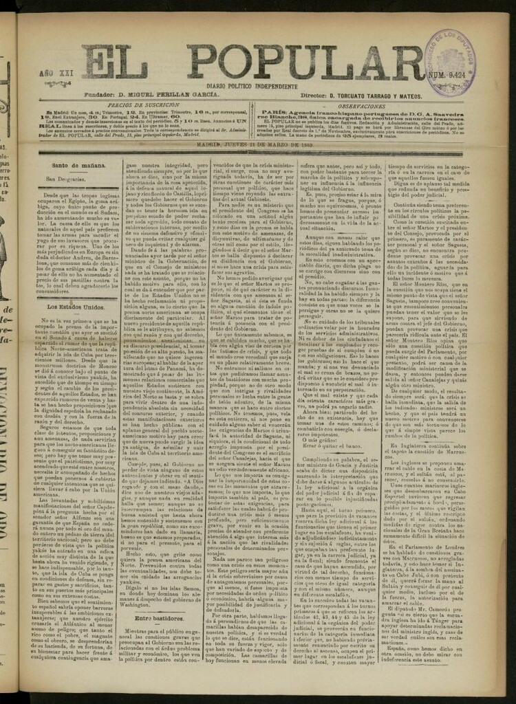 Miniatura de El Popular: diario independiente, político, literario y de noticias de interés general del 21 de marzo de 1889, nº 9424