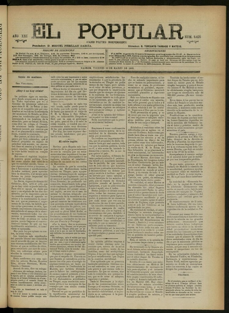 Miniatura de El Popular: diario independiente, político, literario y de noticias de interés general del 22 de marzo de 1889, nº 9425