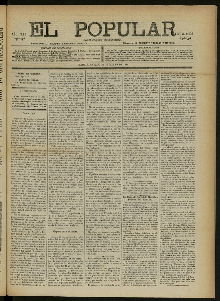 Miniatura de El Popular: diario independiente, político, literario y de noticias de interés general del 23 de marzo de 1889, nº 9426
