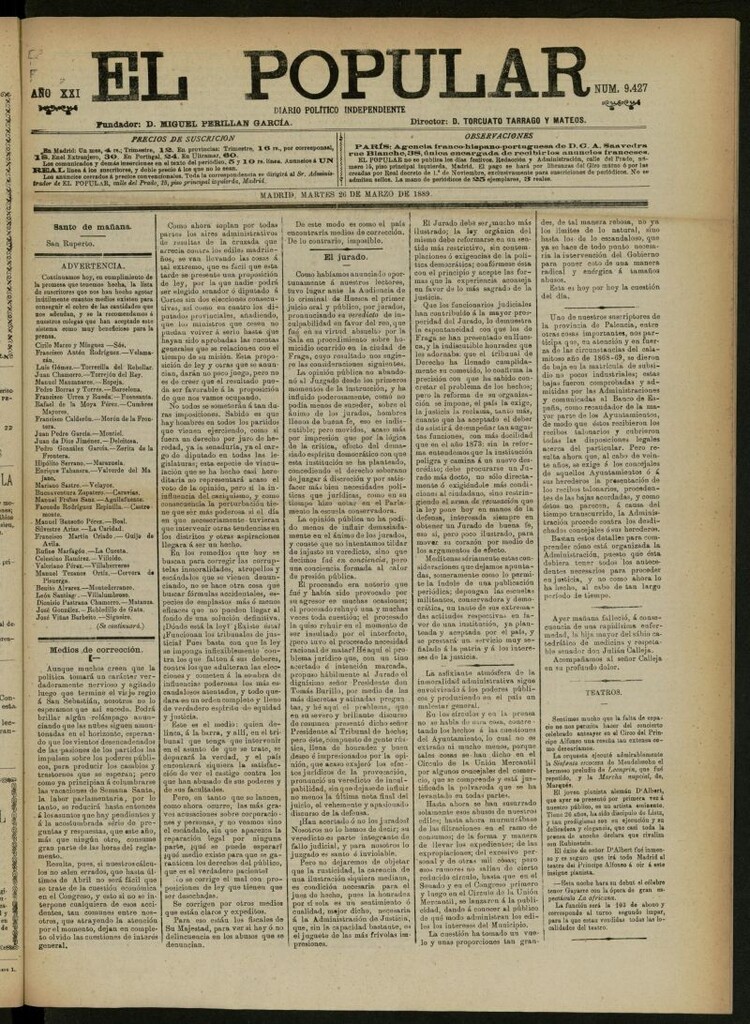 Miniatura de El Popular: diario independiente, político, literario y de noticias de interés general del 26 de marzo de 1889, nº 9427