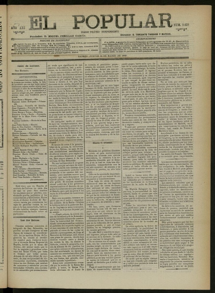 Miniatura de El Popular: diario independiente, político, literario y de noticias de interés general del 28 de marzo de 1889, nº 9429