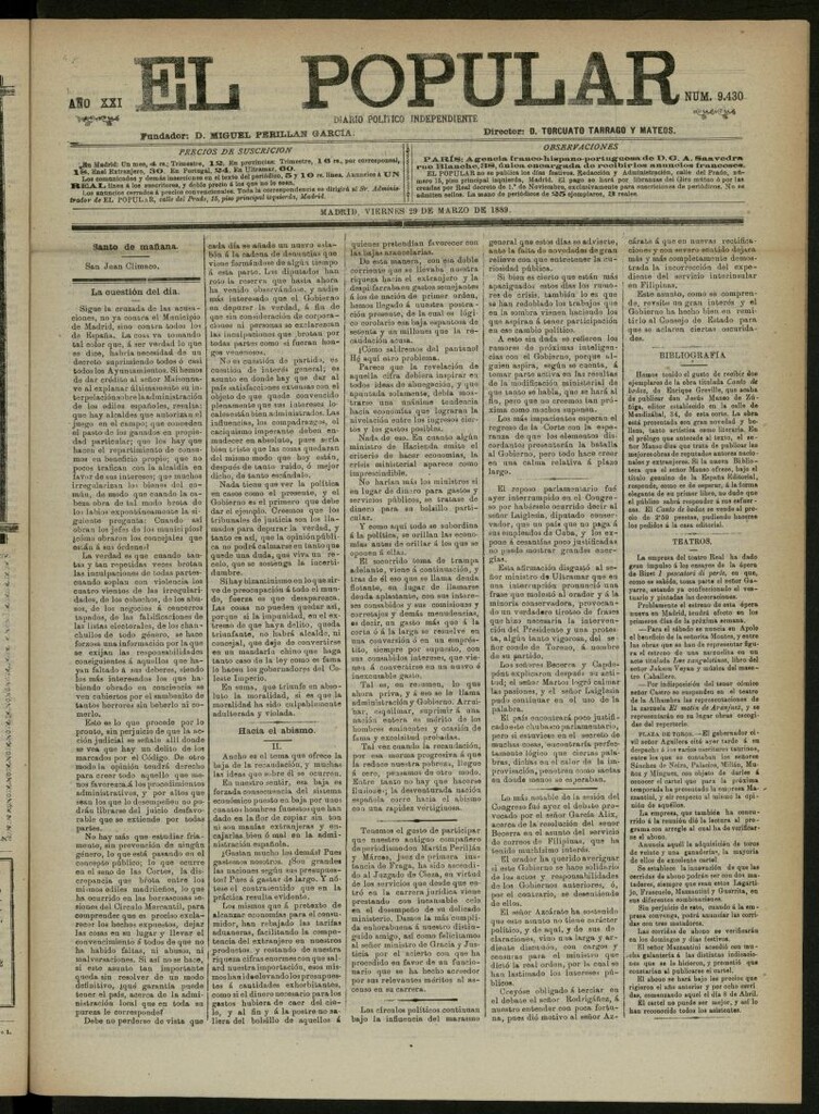 Miniatura de El Popular: diario independiente, político, literario y de noticias de interés general del 29 de marzo de 1889, nº 9430