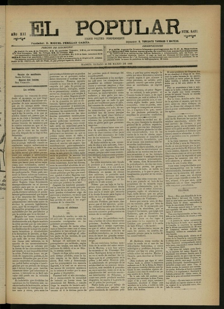 Miniatura de El Popular: diario independiente, político, literario y de noticias de interés general del 30 de marzo de 1889, nº 9431