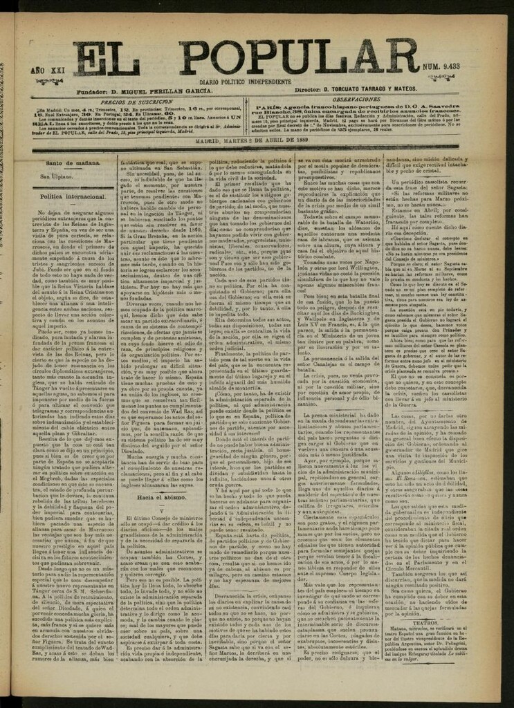 Miniatura de El Popular: diario independiente, político, literario y de noticias de interés general del 2 de abril de 1889, nº 9433