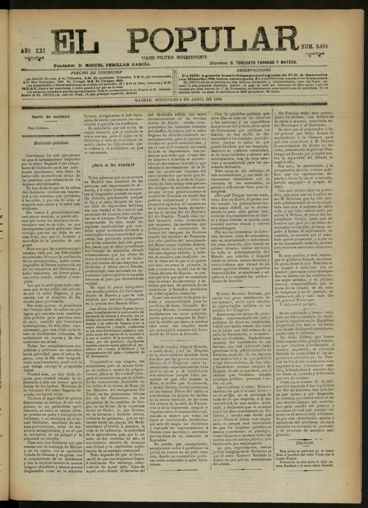Miniatura de El Popular: diario independiente, político, literario y de noticias de interés general del 3 de abril de 1889, nº 9434