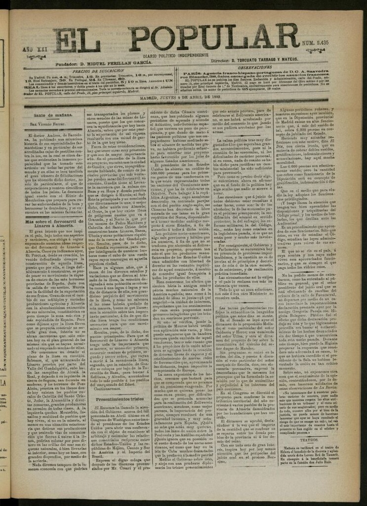 Miniatura de El Popular: diario independiente, político, literario y de noticias de interés general del 4 de abril de 1889, nº 9435