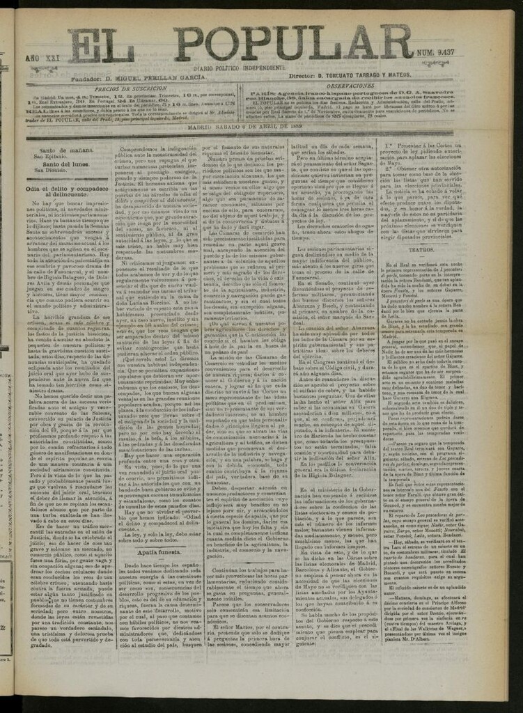 Miniatura de El Popular: diario independiente, político, literario y de noticias de interés general del 6 de abril de 1889, nº 9437