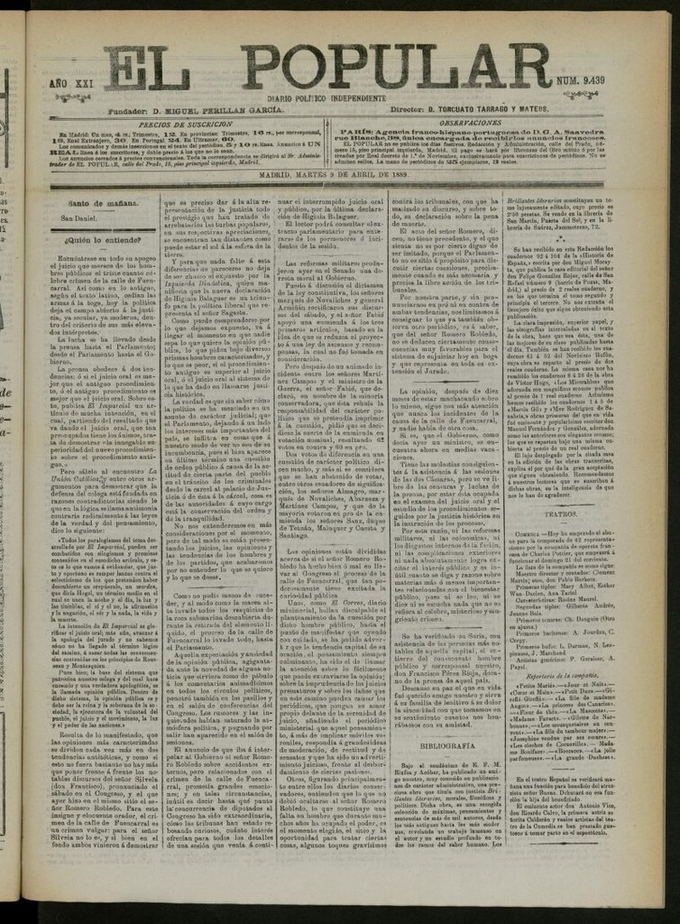 Miniatura de El Popular: diario independiente, político, literario y de noticias de interés general del 9 de abril de 1889, nº 9439
