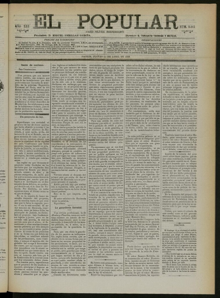 Miniatura de El Popular: diario independiente, político, literario y de noticias de interés general del 11 de abril de 1889, nº 9441
