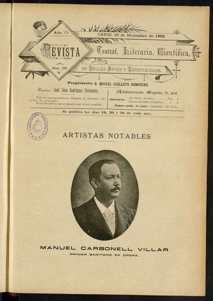 Miniatura de Revista Teatral, Literaria, Científica, de Bellas Artes y Espectáculos. Nº 256