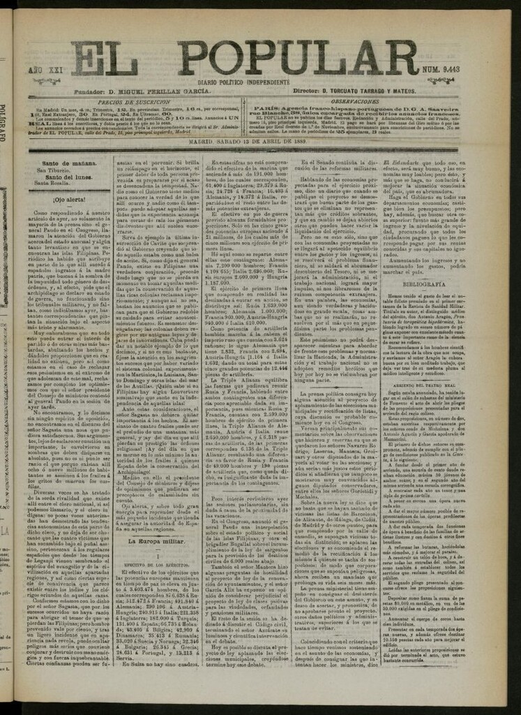 Miniatura de El Popular: diario independiente, político, literario y de noticias de interés general del 13 de abril de 1889, nº 9443
