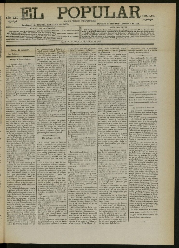 Miniatura de El Popular: diario independiente, político, literario y de noticias de interés general del 16 de abril de 1889, nº 9445