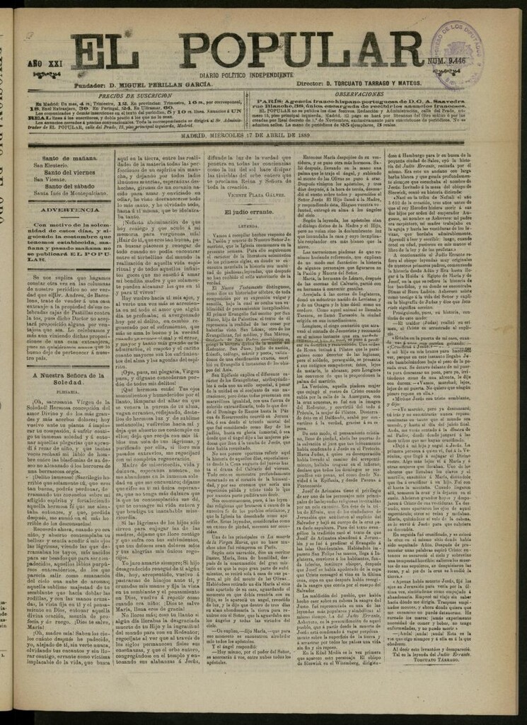 Miniatura de El Popular: diario independiente, político, literario y de noticias de interés general del 17 de abril de 1889, nº 9446