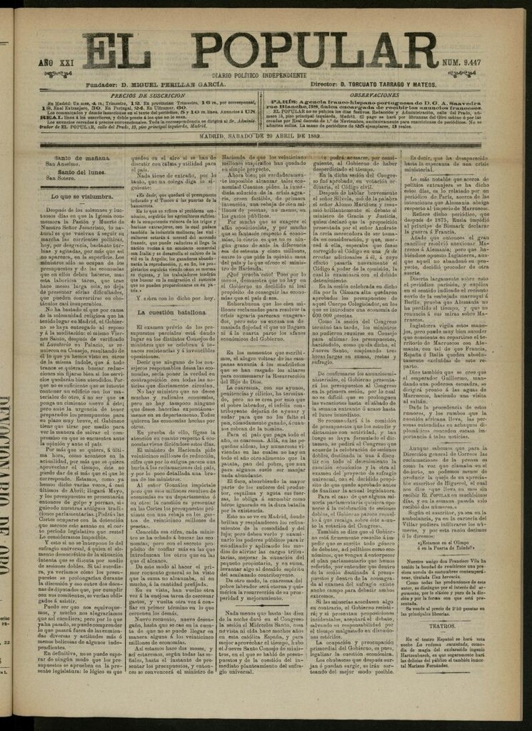 Miniatura de El Popular: diario independiente, político, literario y de noticias de interés general del 20 de abril de 1889, nº 9447