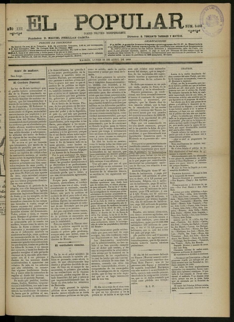 Miniatura de El Popular: diario independiente, político, literario y de noticias de interés general del 22 de abril de 1889, nº 9448